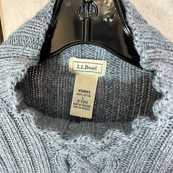 L.L. Bean Cable Knit Chunky Thick Fisherman Sweater Womens Size L Blue Mock Neck - Picture 3 of 5